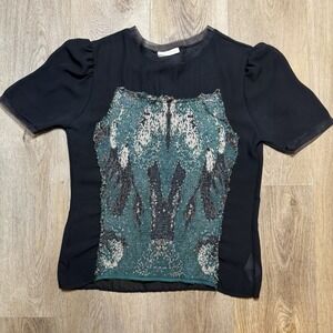 Cecilia Prado sheer‎ black blouse with knit metallic green Blue size Small